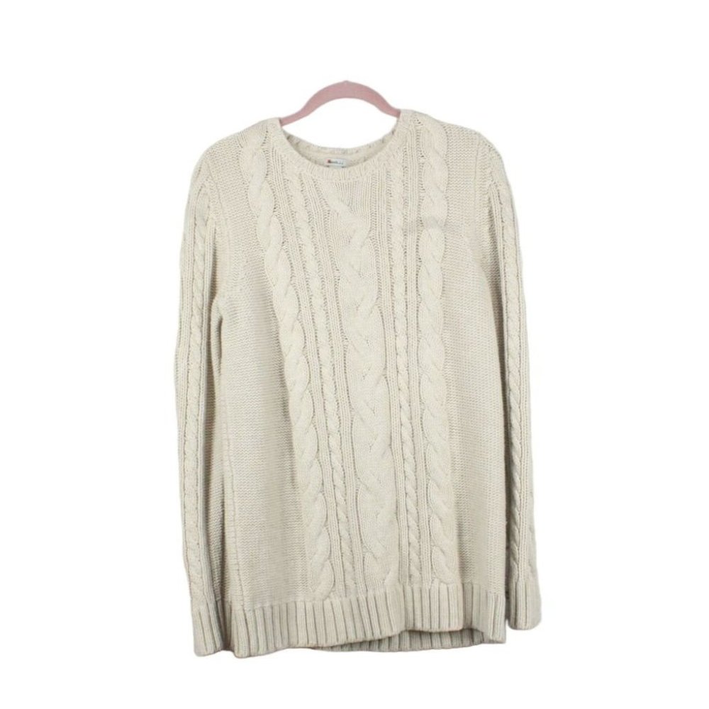 LL Bean Bean's Heritage Cream Soft Cotton Crewneck Fisherman Sweater L